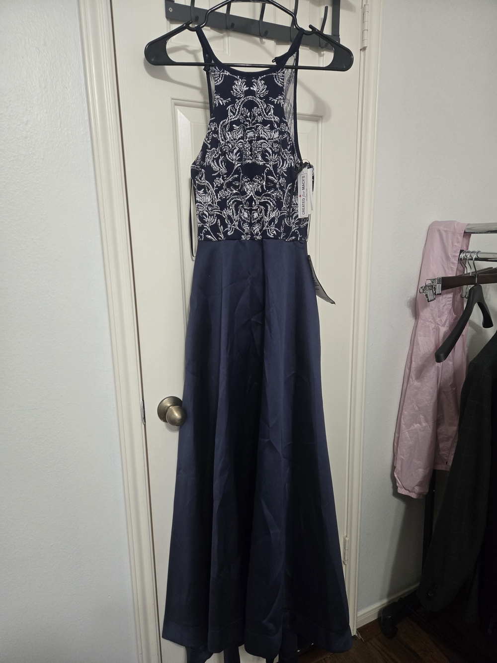 Speechless Navy and White Embroidered Halter Prom Dress